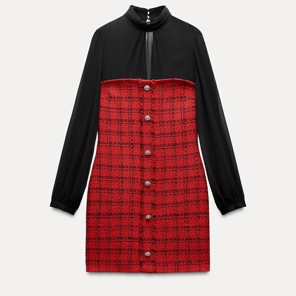 NWT ZARA Bloggers Fav COMBINATION STRUCTURED DRESS Mini Red black tweed Jewel - Picture 10 of 17